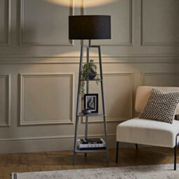 Valuelights Hiru Grey 3 Tier Shelf Floor Lamp With Black Drum Shade - thumbnail 1