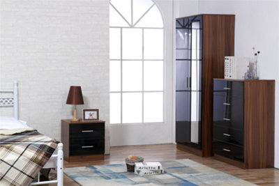Dc - Reflect 2 Door Mirrored Wardrobe And 5 Drawer Chest And 2 Drawer Bedside Set In Gloss Black And Walnut