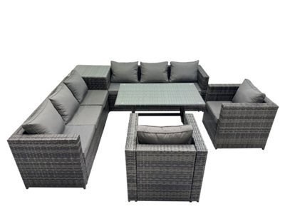 Fimous Outdoor Corner Sofa Chair Dining Table Set Garden Rattan Furniture Set 8 Seater With Side Table Dark Grey - image 1