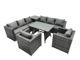 Fimous Outdoor Corner Sofa Chair Dining Table Set Garden Rattan Furniture Set 8 Seater With Side Table Dark Grey - thumbnail 2
