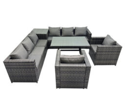 Fimous Outdoor Corner Sofa Chair Dining Table Set Garden Rattan Furniture Set 8 Seater With Side Table Dark Grey - thumbnail 1