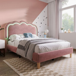 Abrihome 3Ft Single Upholstered Bed With Led Headboard (90X190Cm), Adjustable Height Bed Frame With Wooden Slats, Pink, Velvet - thumbnail 8
