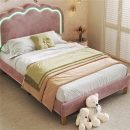 Abrihome 3Ft Single Upholstered Bed With Led Headboard (90X190Cm), Adjustable Height Bed Frame With Wooden Slats, Pink, Velvet - thumbnail 9