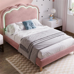 Abrihome 3Ft Single Upholstered Bed With Led Headboard (90X190Cm), Adjustable Height Bed Frame With Wooden Slats, Pink, Velvet