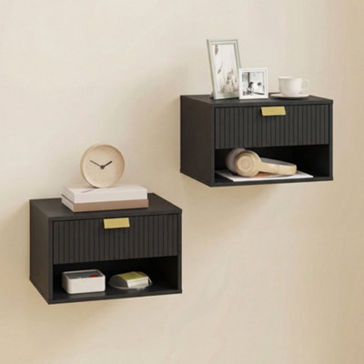 Homcom Floating Bedside Tables Set Of 2 With Fluted Drawer Open Shelf Black - image 1