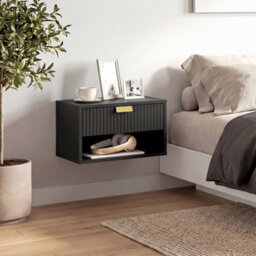 Homcom Floating Bedside Tables Set Of 2 With Fluted Drawer Open Shelf Black - thumbnail 9
