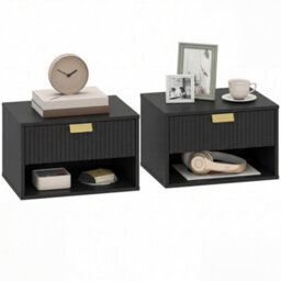 Homcom Floating Bedside Tables Set Of 2 With Fluted Drawer Open Shelf Black - thumbnail 2