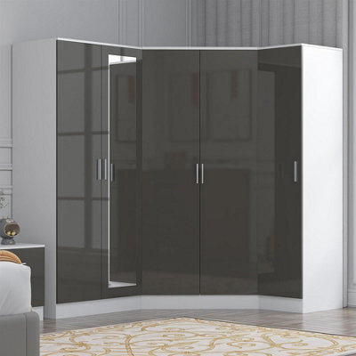 Reflect 3Pc Wardrobe Bundle - 2 Door Corner + 2 Door Mirror + 1 Door Plain - Grey Gloss & Matt White - H: 180Cm X W: 179Cm - image 1