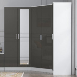 Reflect 3Pc Wardrobe Bundle - 2 Door Corner + 2 Door Mirror + 1 Door Plain - Grey Gloss & Matt White - H: 180Cm X W: 179Cm - thumbnail 3
