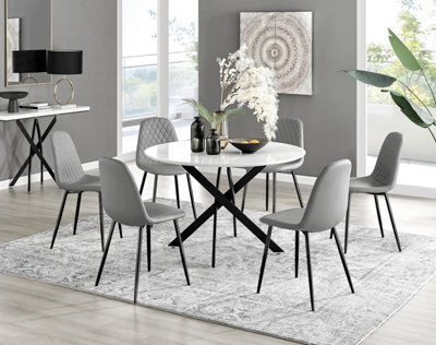 Furniturebox Uk Novara White Gloss Black Leg 120Cm Round Dining Table & 6 Grey Corona Black Leg Chairs - image 1