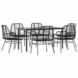 Berkfield 7 Piece Garden Dining Set Black Poly Rattan Glass - thumbnail 2