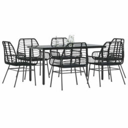 Berkfield 7 Piece Garden Dining Set Black Poly Rattan Glass - thumbnail 1