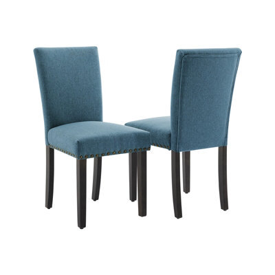 Set Of 2 Upholstered Linen Fabric Dining Chairs With High Backrest & Wood Legs - Blue - image 1