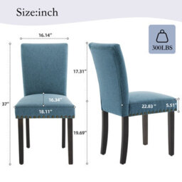 Set Of 2 Upholstered Linen Fabric Dining Chairs With High Backrest & Wood Legs - Blue - thumbnail 3