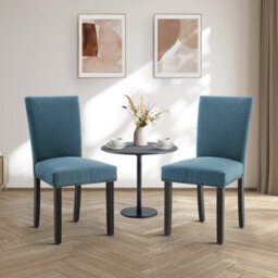 Set Of 2 Upholstered Linen Fabric Dining Chairs With High Backrest & Wood Legs - Blue - thumbnail 2