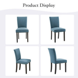 Set Of 2 Upholstered Linen Fabric Dining Chairs With High Backrest & Wood Legs - Blue - thumbnail 4