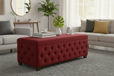 90Cm Wide Empire Ottoman Storage Box With Legs, Red Velvet Chesterfield Upholstered Ottoman Footstool Coffee Table - image 1