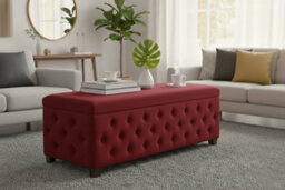 90Cm Wide Empire Ottoman Storage Box With Legs, Red Velvet Chesterfield Upholstered Ottoman Footstool Coffee Table