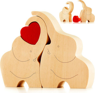 Novecrafto Loving Wooden Elephant Couple Figurine With Red Heart - Heartfelt Ornament Decor Gift With A Message Of Love - image 1