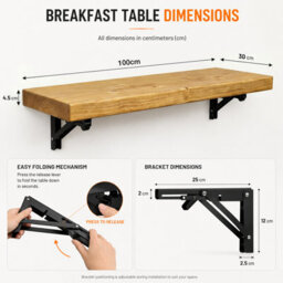 Mkgt Rustic Folding Wall Mounted Breakfast Bar Table - Solid Wood (Rustic Pine, 100 X 30Cm) - thumbnail 3