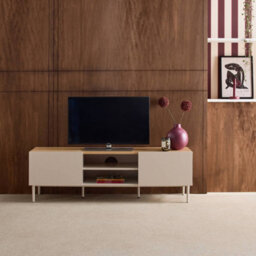 Sweeek - Tv Stand Metal With Wood Decor 2 Doors 140 Cm Beige And Natural - Ashton - thumbnail 3