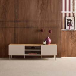 Sweeek - Tv Stand Metal With Wood Decor 2 Doors 140 Cm Beige And Natural - Ashton - thumbnail 4