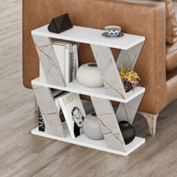 Decortie Lazena Modern 3-Tier Slim Side Coffee Table 60Cm Multipurpose White, Gold Marble Effect Living Room H 55Cm