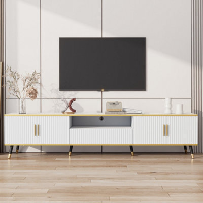 "Btm Modern Tv Stand, 4 Doors And 1 Drawer, Marble Look, 200X40X46Cm, White, For 90"" Tv" - image 1