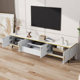 "Btm Modern Tv Stand, 4 Doors And 1 Drawer, Marble Look, 200X40X46Cm, White, For 90"" Tv" - thumbnail 6