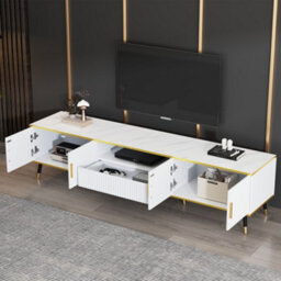 "Btm Modern Tv Stand, 4 Doors And 1 Drawer, Marble Look, 200X40X46Cm, White, For 90"" Tv" - thumbnail 5
