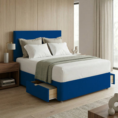 "Adore Designs Victoria Plush Velvet Divan Bed, 50"" Headboard & Mattress - 6Ft Super King - Blue - 2 Drawers Same Side" - image 1