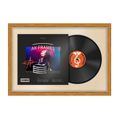 "AK Frames 25X17"" Oak Classic Vinyl Record Frame With Ivory Mount For 12 Inch Lp Cover & Disc - Overlapped Design" - image 1