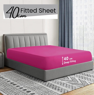 "Ameha Hot Pink Fitted Sheet 40Cm Extra Deep Pocket Elastic Corners Soft Microfiber Fitted Sheet 16"" Super King 180X200Cm" - image 1