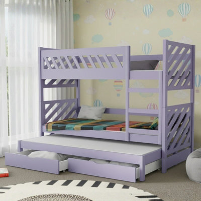 Triple Bunk Bed Mateo K With Mattress And Underbed Storage Drawers Lavender - image 1