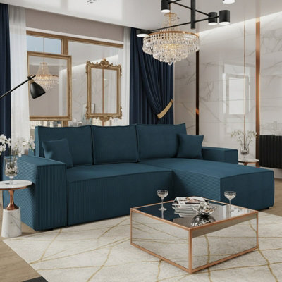 Malaga L Shaped Mdf Corner Sofa Bed With Storage And Pull Out Seat Loose Back Cushions Turquoise Corduroy Right - image 1