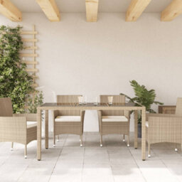 Berkfield Garden Table With Glass Top Beige 150X90X75 Cm Poly Rattan - thumbnail 3