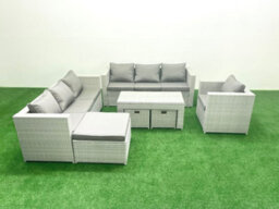 Fimous Wicker Pe Rattan Sofa Garden Furniture Set Oblong Coffee Table Armchair 3 Stools Light Grey - thumbnail 2