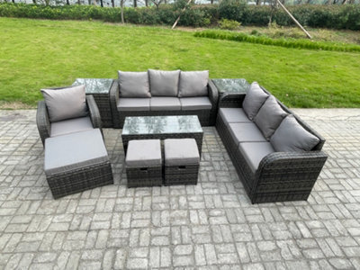 Fimous Outdoor Lounge Sofa Set 10 Seater Rattan Garden Furniture Set With Rectangular Coffee Table 3 Footstools 3 Seater Sofa - image 1