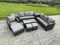 Fimous Outdoor Lounge Sofa Set 10 Seater Rattan Garden Furniture Set With Rectangular Coffee Table 3 Footstools 3 Seater Sofa - thumbnail 2