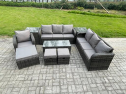 Fimous Outdoor Lounge Sofa Set 10 Seater Rattan Garden Furniture Set With Rectangular Coffee Table 3 Footstools 3 Seater Sofa - thumbnail 1