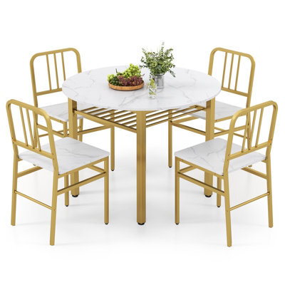Gainoom 5 Piece White Dining Table Set Modern Space-Saving Dinette Furniture W/ Storage Rack & Metal Frame - image 1