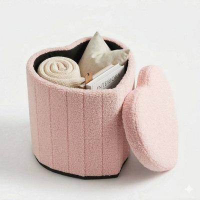 Urbn-Living Heart Shape Boucle Storage Ottoman Stool With Lid, Teddy Fabric Pouffe Seat - Pink - image 1