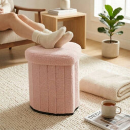 Urbn-Living Heart Shape Boucle Storage Ottoman Stool With Lid, Teddy Fabric Pouffe Seat - Pink - thumbnail 6