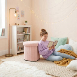 Urbn-Living Heart Shape Boucle Storage Ottoman Stool With Lid, Teddy Fabric Pouffe Seat - Pink - thumbnail 2