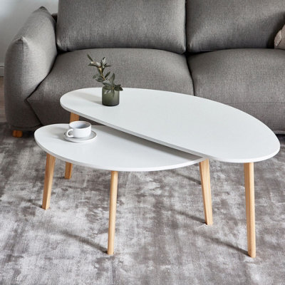 Wyld And Coco Compact White Laminated Mdf Coffee Tables Set Of 2 With Pine Wood Legs - Irregular Shape, Matt Finish - image 1