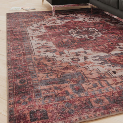 Loomed Traditional Design Cotton Chenille Rug Red Cream Blue Machine Washable 80Cm X 150Cm - image 1