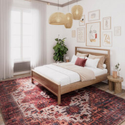 Loomed Traditional Design Cotton Chenille Rug Red Cream Blue Machine Washable 80Cm X 150Cm - thumbnail 2