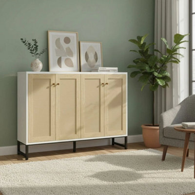 White Storage Sideboard With Rattan Decorated 4 Door - image 1