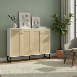 White Storage Sideboard With Rattan Decorated 4 Door - thumbnail 1