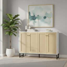 White Storage Sideboard With Rattan Decorated 4 Door - thumbnail 3